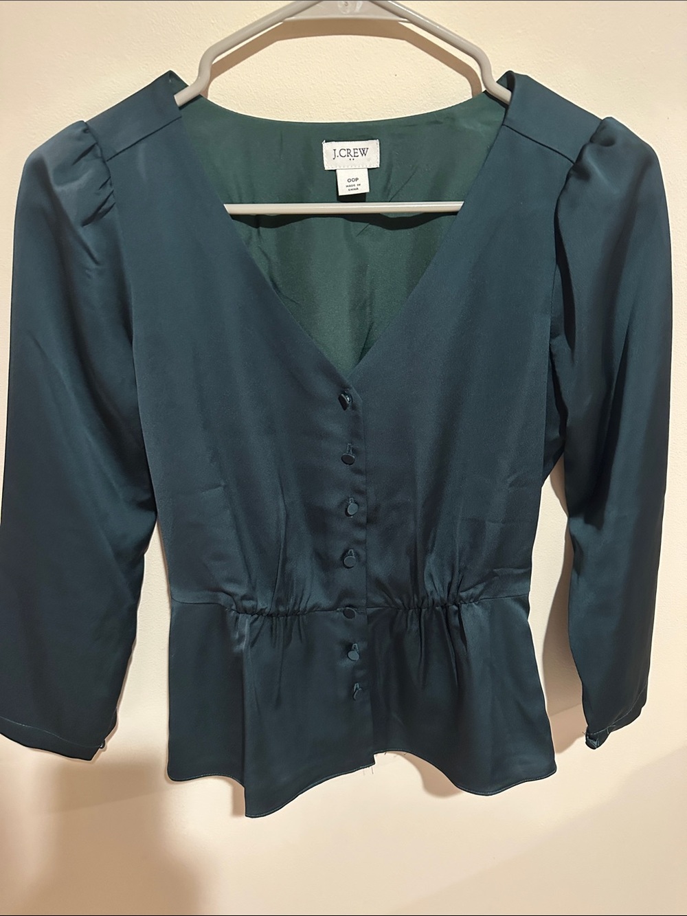 J.Crew Satin Peplum Blouse Long Sleeve emerald green 00 petite